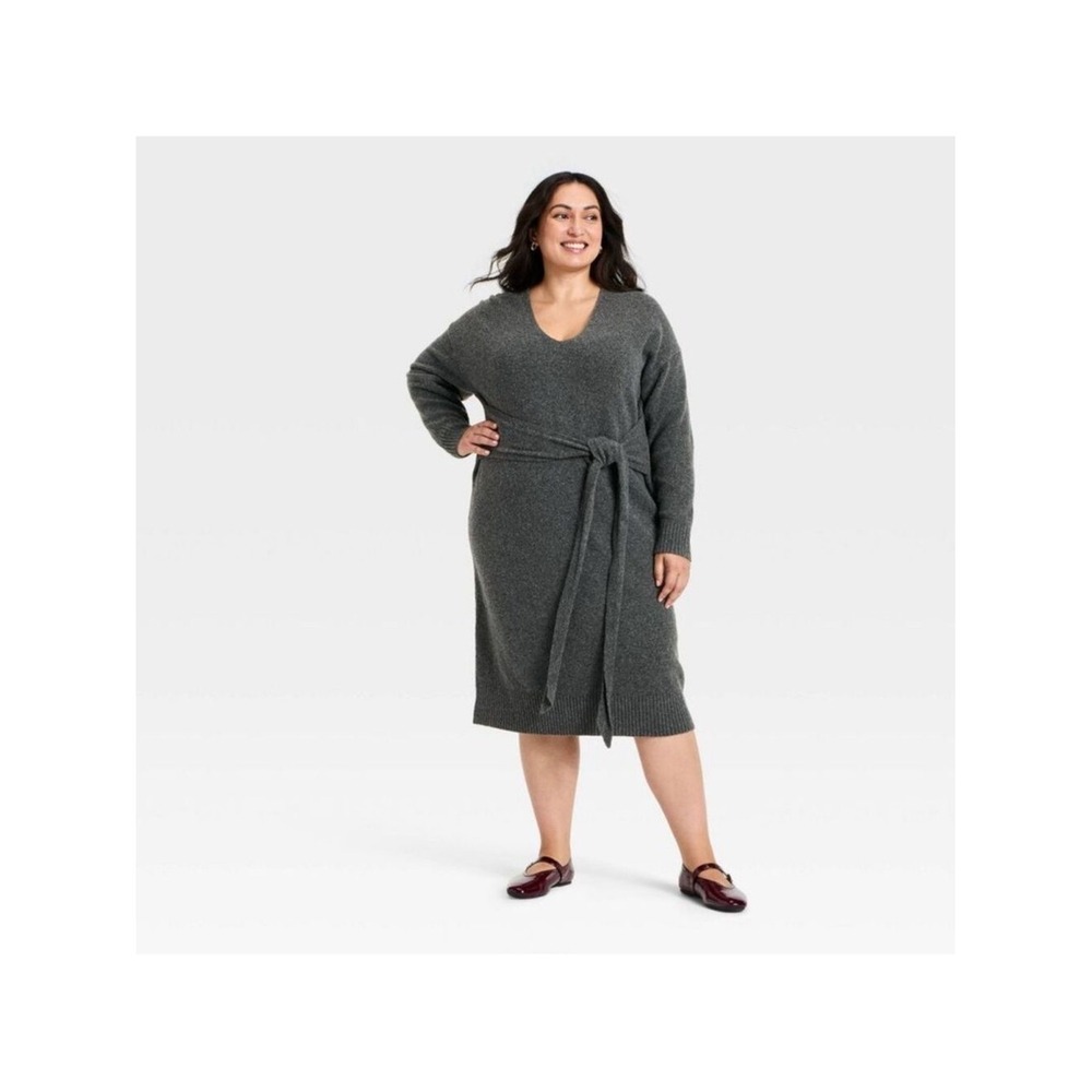Ava & Viv Heather Gray V-Neck Sweater Dress Tie Waist Plus Size 1X NEW